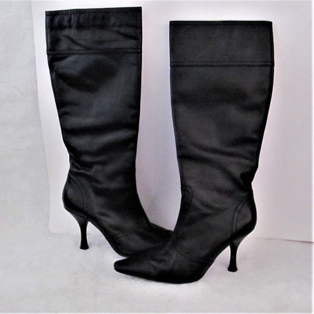 Black high heel leather boots zipper size 7